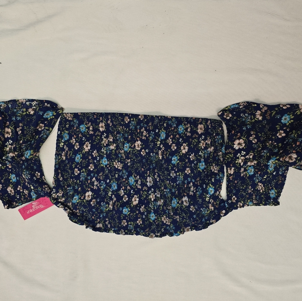 Xhilaration Off The Shoulder Smocked Crop Top, Dainty Floral Bkue - XXL NEW